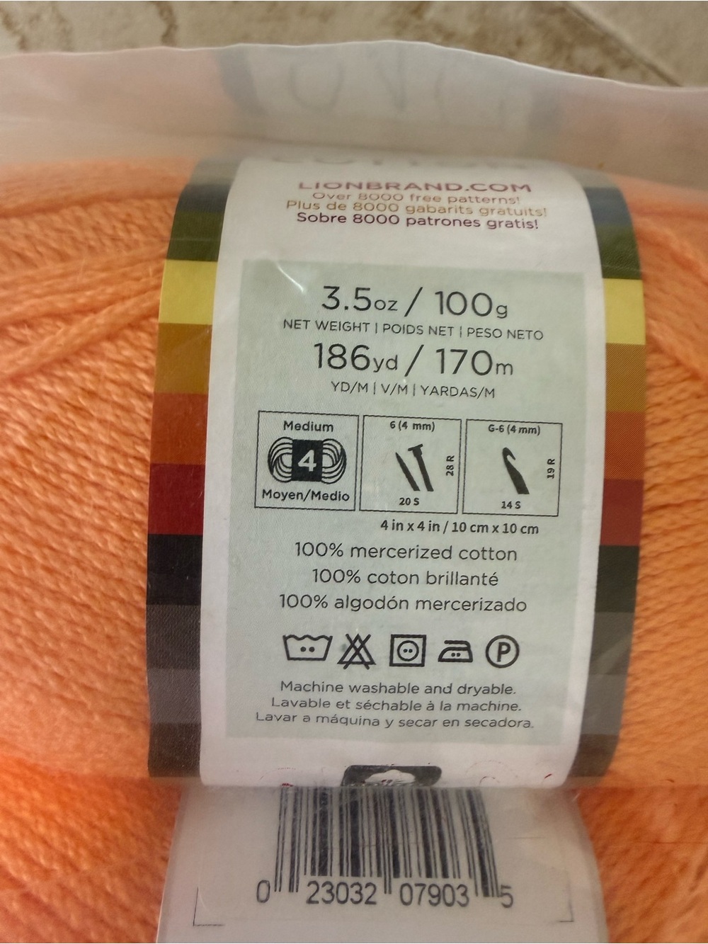 Lion Brand Cotton Yarn 24/7 - Creamsicle- Light Peach Orange Skeins - Picture 3 of 5